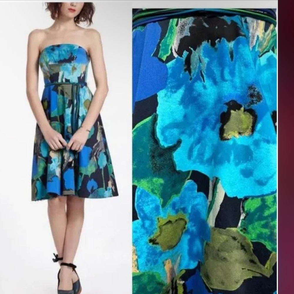 Anthropologie Floral 100% Cotton Strapless Dress in Blue and Green